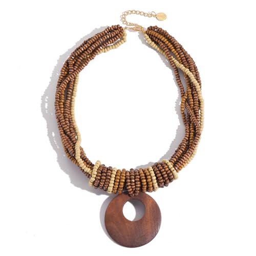 Coiris Chunky Necklaces for Women Statement Wooden Beaded Funky Boho Circle Pendant Necklace Jewellery Gift for Women - color: Wood