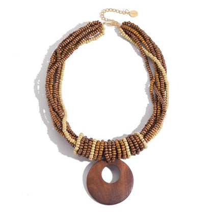 Coiris Chunky Necklaces for Women Statement Wooden Beaded Funky Boho Circle Pendant Necklace Jewellery Gift for Women - color: Wood