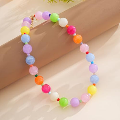 Colorful Chunky Beaded Necklaces for Women Multicolor Large Round Resin Beads Collar Necklace Boho Trendy Statement Chokers Y2K Summer Beach Jewelry - color: Candy Rainbow