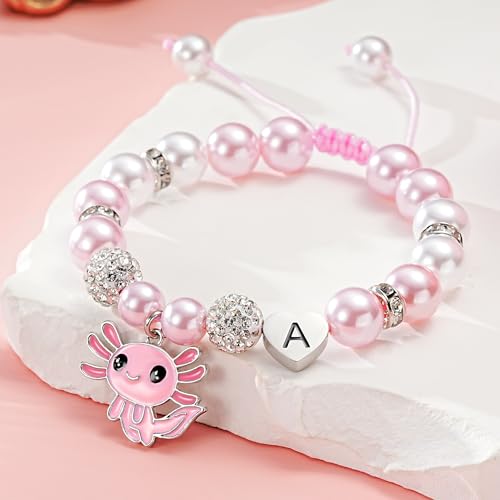 Ritach Graduation Gift fo Her - Cute Axolotl Heart Initial Bracelet CZ Rhinestone Beads and Pink White Pearl Bracelets for Girls Teen Kids Axolotl Graduation Gift for Her Girls Kids Axolotl Lovers - style: A.