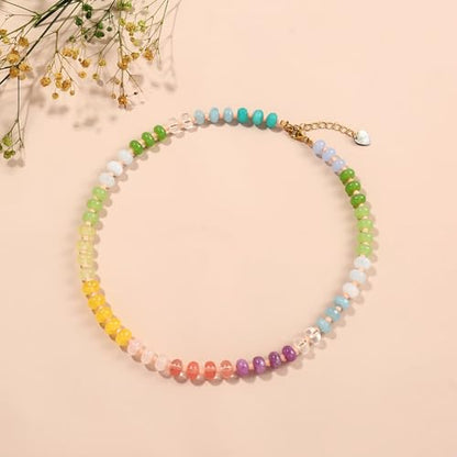Joya Love Colorful Gemstone Beaded Necklaces For Women Trendy Rainbow Natural Stone Boho Handmade Stainless Steel Waterproof Strand Necklaces Jewelry For Women Gift - color: White Green