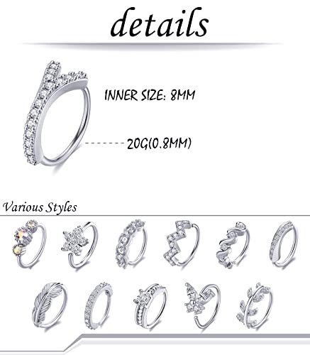 Akeoqi 12Pcs Nose Ring Hoop Cartilage Earring Cute Leaf Star CZ Butterfly Paved Nose Piercing Jewelry for Women men Silver Gold Plated 20G - color: A:Silver1
