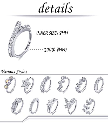 Akeoqi 12Pcs Nose Ring Hoop Cartilage Earring Cute Leaf Star CZ Butterfly Paved Nose Piercing Jewelry for Women men Silver Gold Plated 20G - color: A:Silver1