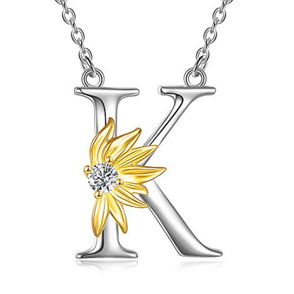 POPLYKE Initial Sunflower Necklace for Women 925 Sterling Sliver Sunflower Pendant Necklace Letter Initial Pendant Chain - style: Sunflower K