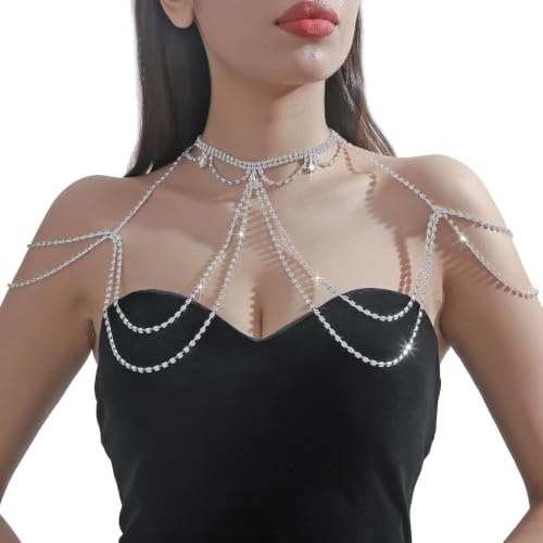Sexy Rhinestone Shoulder Body Chain Jewelry,Multi-layered Waterdrop Rhinestone Bridal Back Chain Necklace Sexy Festival Rave Crystal Shoulder Chain Wedding Backdrop Jewelry for Women - style: Silver