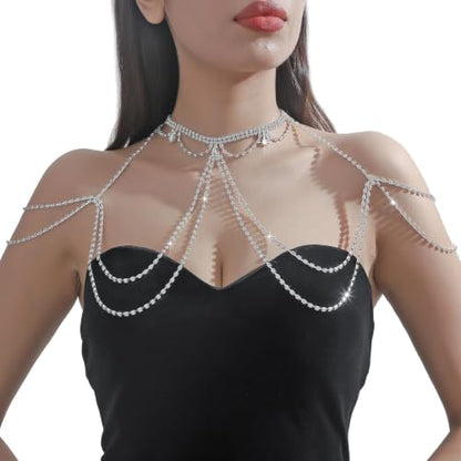 Sexy Rhinestone Shoulder Body Chain Jewelry,Multi-layered Waterdrop Rhinestone Bridal Back Chain Necklace Sexy Festival Rave Crystal Shoulder Chain Wedding Backdrop Jewelry for Women - style: Silver