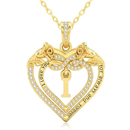 14K Gold Initial Letter Rose Heart Pendant Necklace for Women, Anniversary Birthday Jewelry Gifts for Wife Mom Grandma Sister Daughter, I Love You for Always And Forever - style: 14K Gold-I
