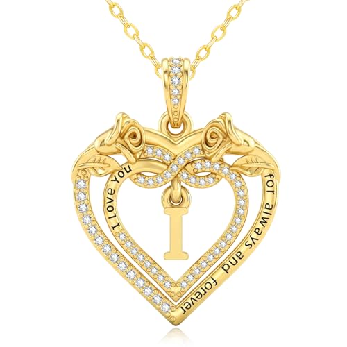 14K Gold Initial Letter Rose Heart Pendant Necklace for Women, Anniversary Birthday Jewelry Gifts for Wife Mom Grandma Sister Daughter, I Love You for Always And Forever - style: 14K Gold-I