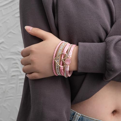 Rantanto Leather Wrap Bracelets For Women Gold Twist Lock Buckle Wrist Cuff | PU leather,Skin-friendly,Boho Stackable Wristband,Fashion Daily Jewelry,Trend Casual Party Bangle,Fit For Birthday, Holiday - color: Heart Pink