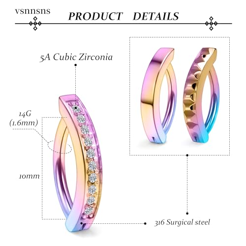 Vsnnsns 14G Clicker Belly Button Ring Piercing Jewelry 316L Stainless Surgical Steel Diamond CZ Navel Rings Clear CZ Clip Belly Button Ring Piercing Jewelry for Women Men 14 Gauge 10MM 12MM - color: 10MM-Rainbow