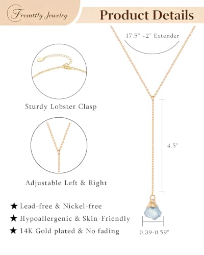 Lariat Necklace for Women Dainty Gold Long Crystal Drop Y-Shaped Necklace | 14k Gold Plated Crystal Drop Necklace Trendy Non Tarnish Simple Gold Jewelry For Wedding, Prom, Daily - color: Aquamarine