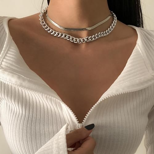 Gold Choker Necklace Dainty Cuban Link Necklace Simple Flat Snake Chain Necklace Layered Herringbone Necklace Hip Hop Jewelry for Women - style: Style-2