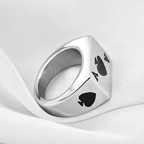 VQYSKO 14K Gold Plated Square Signet Ring | Stainless Steel Band for Men - color: Silver Spade Ace