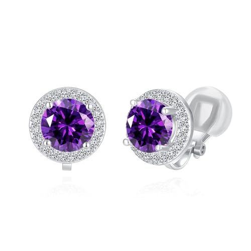 YOQUCOL 8MM Cubic Zirconia Crystal Clip On Stud Earrings Round Non Pierced Earrings for Women - color: Purple