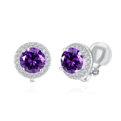 YOQUCOL 8MM Cubic Zirconia Crystal Clip On Stud Earrings Round Non Pierced Earrings for Women - color: Purple
