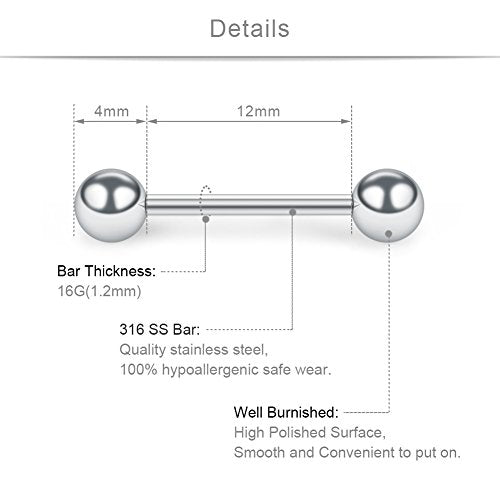 SCERRING 316L Stainless Steel Externally Threaded Nipple Bar Barbell Rings Piercing Retainer 16G - style: 12PCS - 1/2" (12mm)