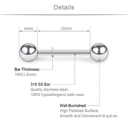 SCERRING 316L Stainless Steel Externally Threaded Nipple Bar Barbell Rings Piercing Retainer 16G - style: 12PCS - 1/2" (12mm)