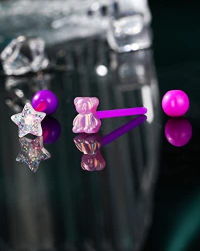 COCHARM 4PCS Acrylic Tongue Rings Flexible 14g Plastic Tongue Rings for Women UV Pink Bear Moon Tongue Barbell Star Tongue Ring Set Bio-Flex Tongue Piercing Jewelry