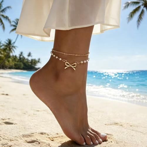 Frodete Bow Anklet for Women Layered Faux Pearl Ankle Bracelet Adjustable Summer Beach Foot Jewelry Gift Accessory