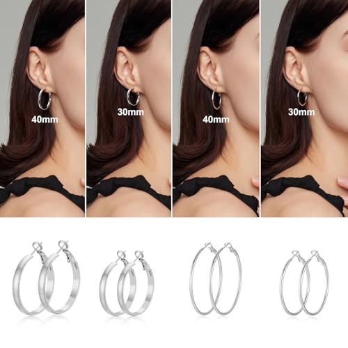 4 Pairs Silver Gold Hoop Earrings for Women | 14K Gold Plated Hoop Earrings Set Hypoallergenic Earring Lightweight Dangle Earrings Set - color: 4 Pairs Silver-(4mm Wide & Thin)