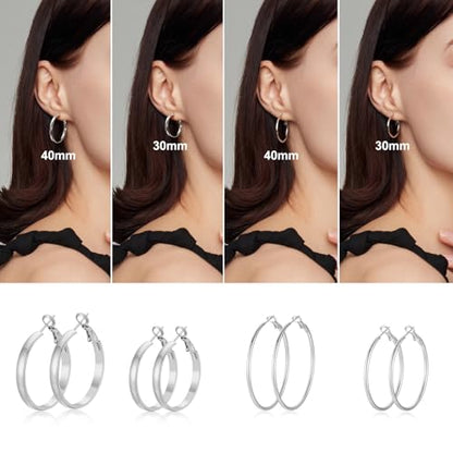 4 Pairs Silver Gold Hoop Earrings for Women | 14K Gold Plated Hoop Earrings Set Hypoallergenic Earring Lightweight Dangle Earrings Set - color: 4 Pairs Silver-(4mm Wide & Thin)