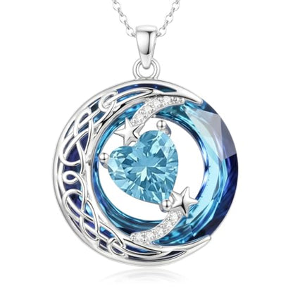 Birthstone Necklace for Women Crystal Moon and Star Pendant White Gold Celtic Moon Jewelry Birthday Graduation Gifts for Wife Her - style: Moon-3