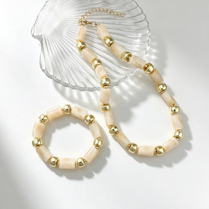 YBMYCM Colorful Resin Beaded Necklace Bracelet Set for Women, Adjustable Chunky Choker Necklace with Stretch Bracelet, Boho Statement Summer Beach Jewelry Gift for Her - color: Beige