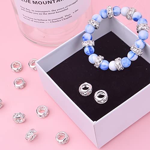 BronaGrand 40pcs 10 mm Silver European Rhinestone Spacer Beads Brass Large Hole Beads Round Rondelle Loose Charm Beads for Snake Chain Bracelet Necklace Jewelry Making Supplies, Hole: 5.5 mm - color: Silver, size: 10MM