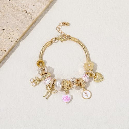 Charm Bracelet Gold Bracelets for Women Gifts | LOVE Heart Hollow Flower Bow Pink Green Square Gemstone Beaded Charm Bracelet Cute Adjustable Bracelet Jewelry - style: Pink Heart