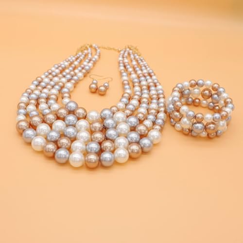 Faux Big Pearl Srand Necklaces for Women 5 Layers Pearls Choker Bib Collar Necklace Bracelet and Earrings set 1920s Costume Pearl Jewelry Bridal Wedding - color: colorful champagne