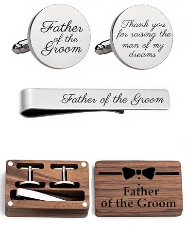 Father of the Bride Gift Set, Wooden Box with Cufflinks and Tie Clip, Bow Tie Design, Wedding Keepsake - color: C2