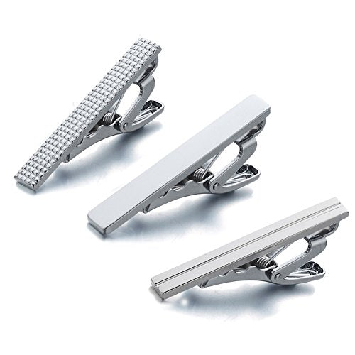 AnotherKiss Men's Fashion Alloy Metal 1.5" Skinny Tie Clip - 3 Pcs Set | Three 1.5 inch tie bars in silver tone keep skinny ties neat for business, weddings, formal events and Father's Day wear.