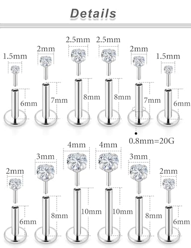 20G 18G 16G Cubic Zirconia Nose Rings Studs 316L Surgical Steel Hypoallergenic Nose Piercings Jewelry for Women Men CZ 2mm-3mm 24 Pcs - color: 1-A:20G-Silver-6/7/8/10mm Bars-1.5/2/2.5/3/4 CZ