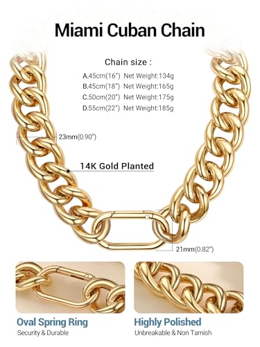 Chunky Gold Necklace for Women, 14K Gold Cuban Chain with Oval Spring Ring, 13MM/16MM/23MM 14K Gold Plated Womens Gold Chain Necklace Hip Pop Trendy Jewlry Gifts - size: 16 inchs, style: 23MM -14K Gold