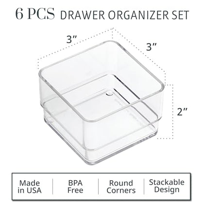 STORi SimpleSort 6-Piece Stackable Clear Drawer Organizer Set | 3" x 3" x 2" Square Trays | Small Makeup Vanity Storage Bins and Office Desk Drawer Dividers | Made in USA - size: 3x3x2" (Set of 6)