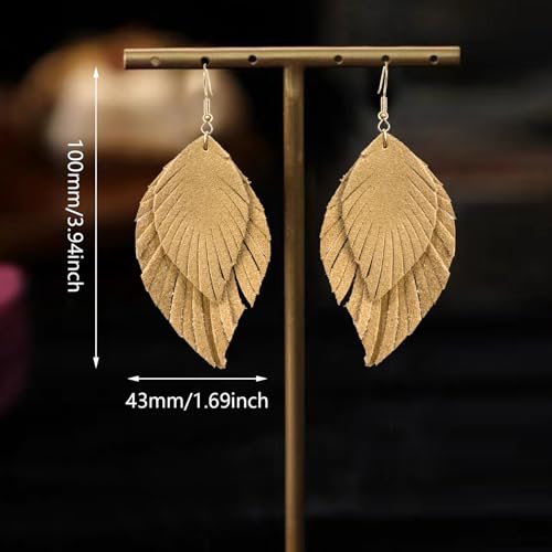 Handmade Bohemian Large Soft Genuine Leather Fringe Double Feather Dangle Drop Earrings Lightweight Simple Color PU Leaf Hook Earrings for Women - color: Beige