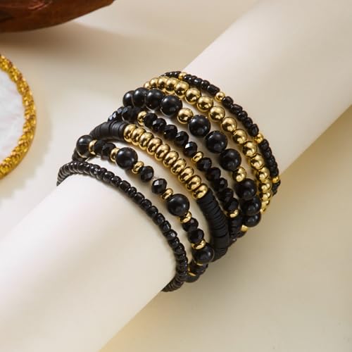 7/12Pcs Set Bohemian Stackable Crystal Seed Beaded Elastic Stretch Bracelet Multilayerd Handmade Brass Bead for Women Jewelry Surfer Heishi Polymer Clay Layering - color: black