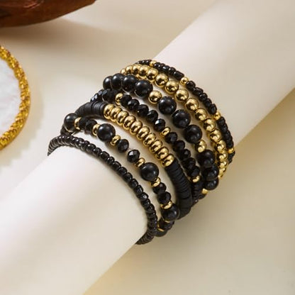 7/12Pcs Set Bohemian Stackable Crystal Seed Beaded Elastic Stretch Bracelet Multilayerd Handmade Brass Bead for Women Jewelry Surfer Heishi Polymer Clay Layering - color: black