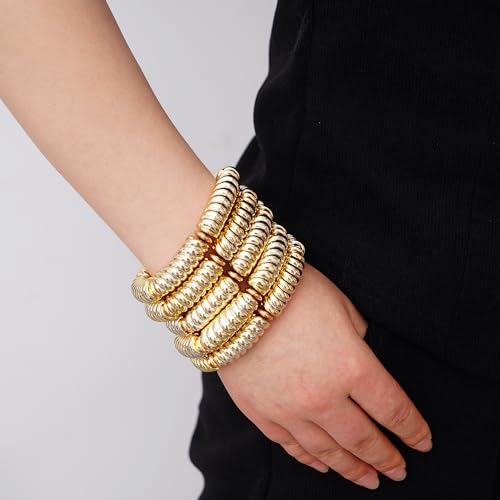 LALAPPLE Gold Plated Beaded Acrylic Bamboo Tube Bangle Bracelets for Women, Colorful Chunky Curved Tube With Gold Plated Pieces Beads Stretch Bracelet Friendship Summer Beach Jewelry - color: B-gold 5pcs(Chunky set)
