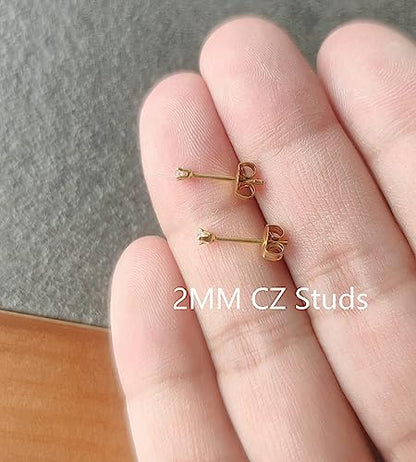 6Pairs 2mm/3mm Surgical Steel Hypoallergenic Piercing Studs, 20G 14K Real Gold Filled Tiny Stud Earrings Set for Multiple Hole Piercing (Cubic Zirconia, Pearl, Ball) - style: K : 2MM, Gold Ball + Cubic Zirconia, 6 Pairs