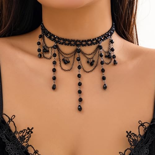 Chargances Vintage Crystal Beaded Long Pendant Necklace 90s Victorian Black Lace Choker Charm Layered Chain Necklace Jewelry for Women(Style 4)