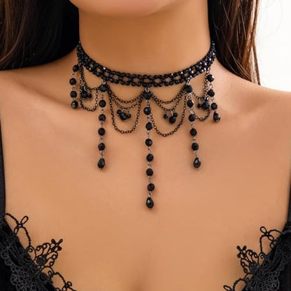 Chargances Vintage Crystal Beaded Long Pendant Necklace 90s Victorian Black Lace Choker Charm Layered Chain Necklace Jewelry for Women(Style 4)