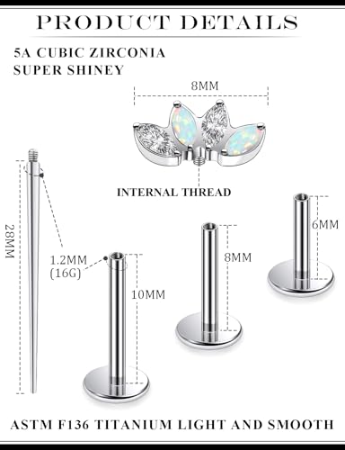 16G Astm F136 Titanium Internal Thread Flat Back Earrings Nose Studs Tragus Forward Helix Conch Cartilage Lobe Earrings Stud Medusa Labret Monroe Lip Ring Piercing Jewelry For Women Men - size: 16G--Style B