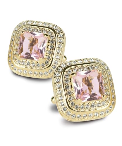 Square Colored Crystal Double Diamond Set Cufflinks - color: Pink/Gold