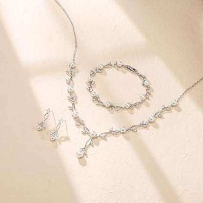 Crysdue Wedding Jewelry Set for Brides Bridesmaid, Cubic Zirconia Teardrop Marquise Leaf Cluster Pendant Necklace Bridal Tennis Bracelet Drop Earrings for Women Party Prom - style: B- Pearl set- silver