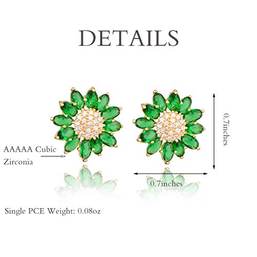Crystal Flower Burst Stud Earirings - Big Sterling Silver CZ Cubic Zirconia Rhinestone Daisy Sunflower Floral Cluster Studs Bridal Wedding Party Prom Costume Jewelry for Bride Bridesmaids Women Birthstone Birthday Gift - color: Green