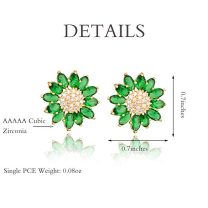 Crystal Flower Burst Stud Earirings - Big Sterling Silver CZ Cubic Zirconia Rhinestone Daisy Sunflower Floral Cluster Studs Bridal Wedding Party Prom Costume Jewelry for Bride Bridesmaids Women Birthstone Birthday Gift - color: Green