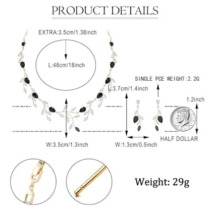 Cubic Zirconia Leaf Vine Wedding Jewelry Set for Bride Women Bridesmaid | Pear-Shaped Birthstone, Necklace Dangle Earrings for Bridesmaid, Silver-Plated-Brass - color: 2pcs_Black Gold-Plated-Brass