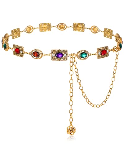 Women Western Concho Chain Belt Vintage Rhinestone Gems Boho Metal Waist Chain Jeans Dress Daily Concert Halloween - color: F-colorful Retro Gold, size: Length 43" (24"+extension chain 19" )