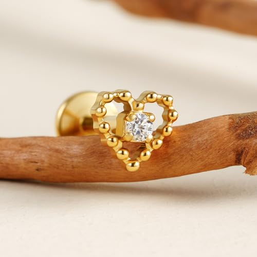 Hollow Heart Piercing Jewelry Collection - ASTM F136 Titanium Internally Threaded Flat Back Stud for Cartilage, Helix, Conch - color: Beaded heart - Gold